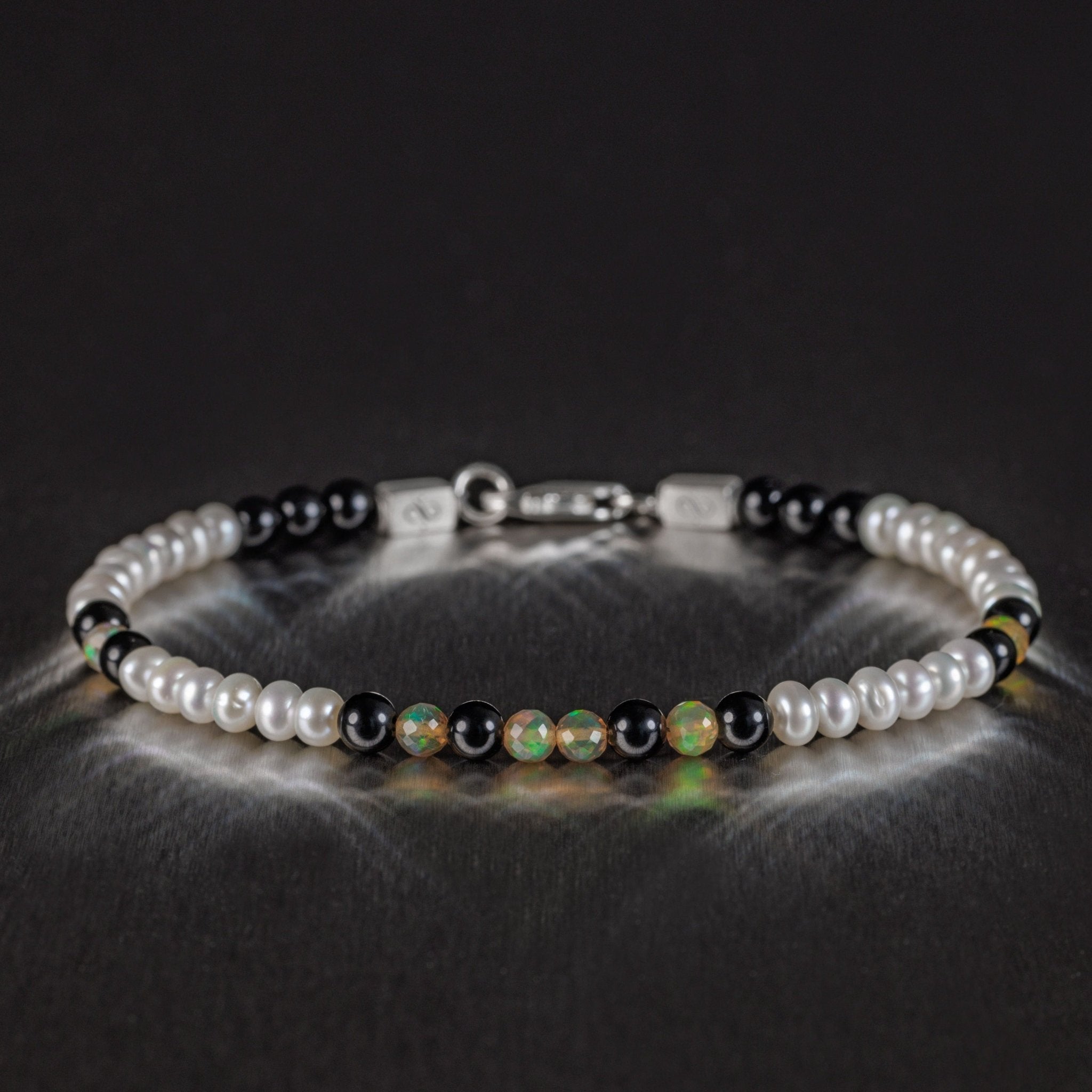 Golden Ethiopian Opal-White Pearl-Black Tourmaline Bracelet I (3.5-4.5mm)