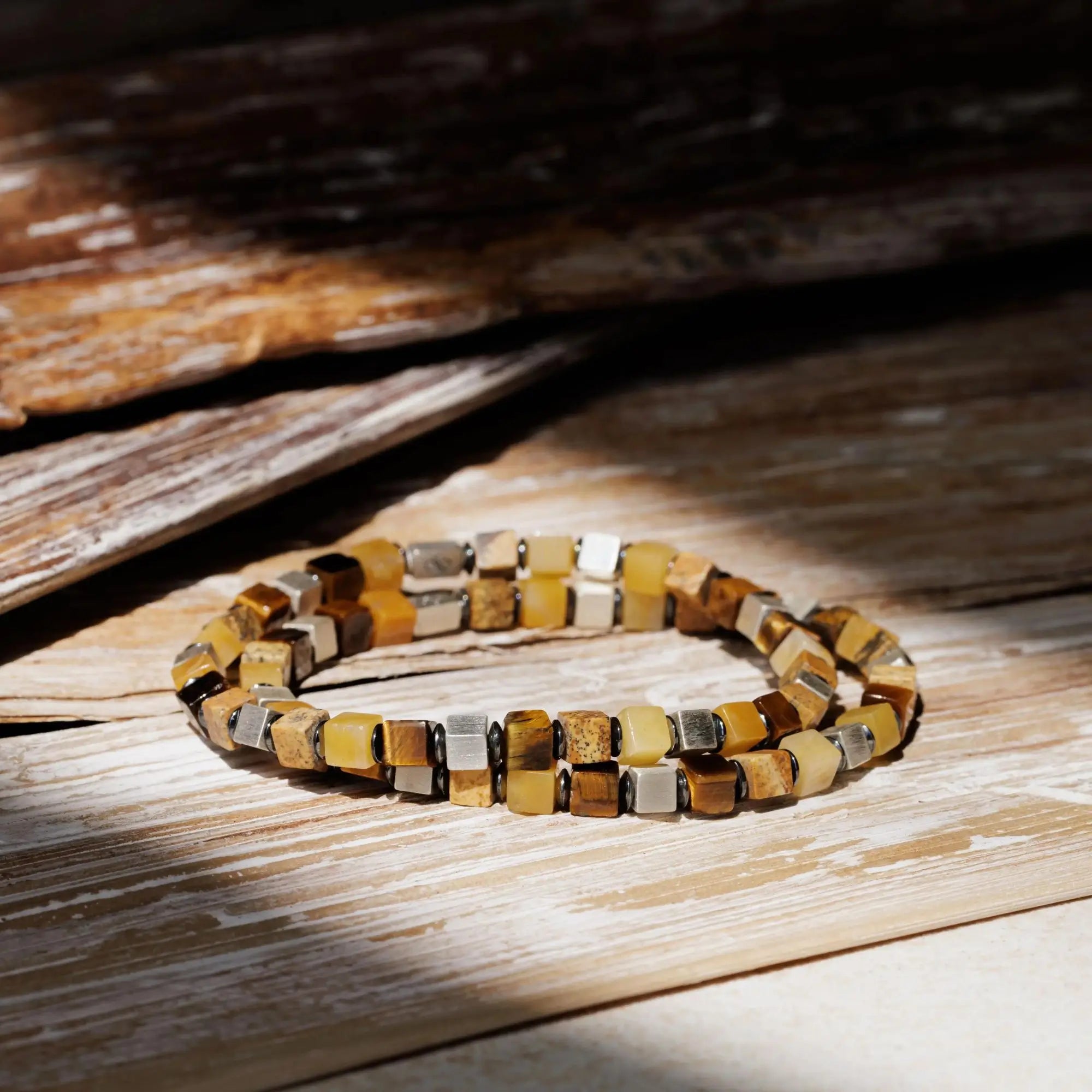 Tiger Eye-Landscape Jasper-Yellow Jade Cube Bracelet I (4mm)