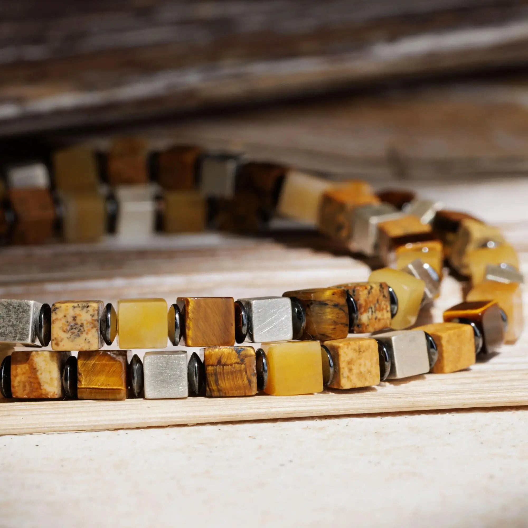 Tiger Eye-Landscape Jasper-Yellow Jade Cube Bracelet I (4mm)